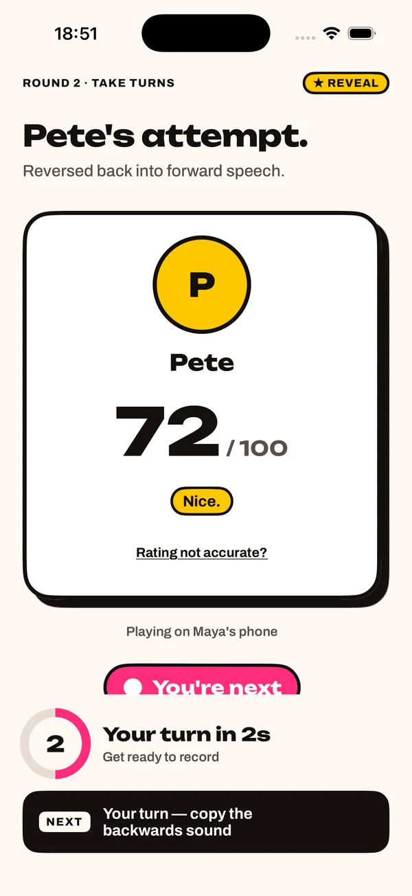 The automatic reveal screen showing a player's attempt score of 72