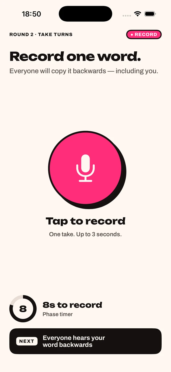Set the word screen with a large microphone button and a countdown