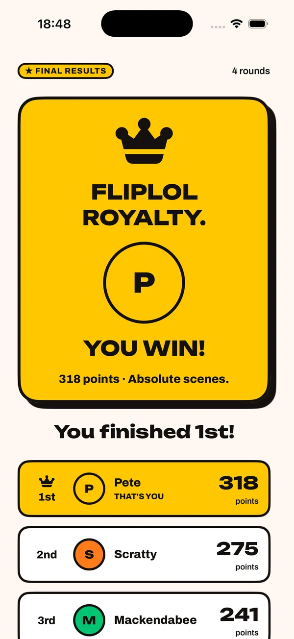 FlipLOL winner screen with a crown, final points and each player's finishing place